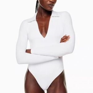 Babaton Bodysuit Beige Long Sleeve Deep V Neck Collar